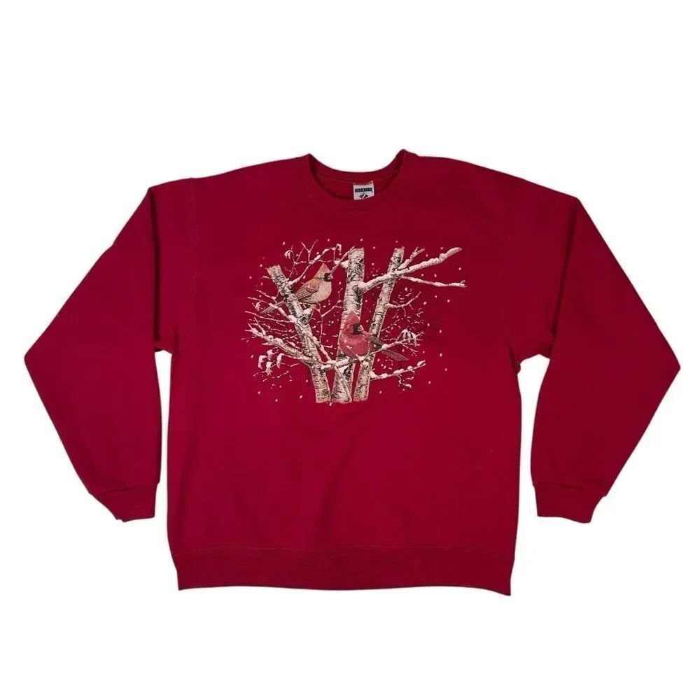 Vintage Christmas Cardinals Snow Sweatshirt Size Large Maroon Jerzees